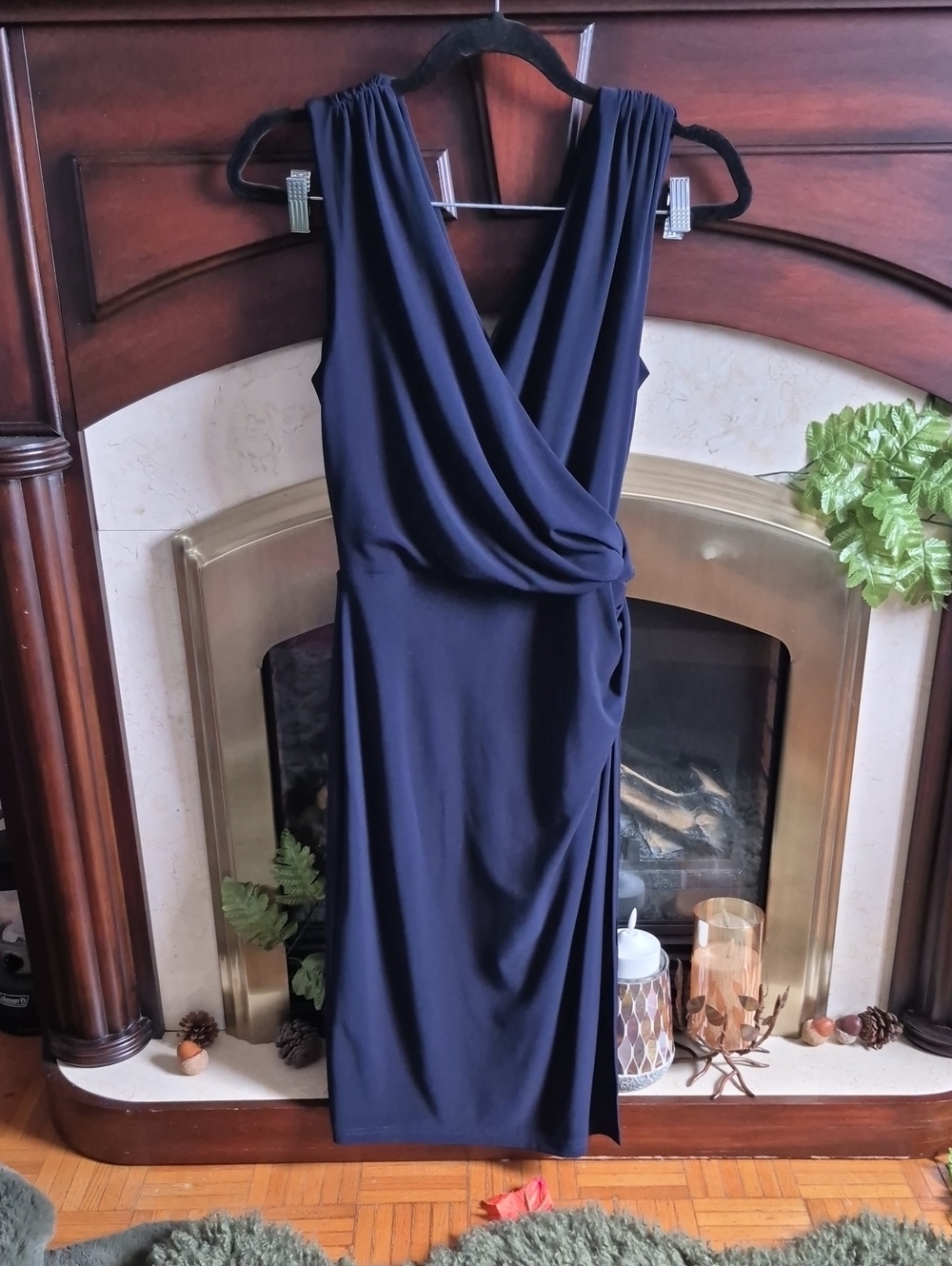 Joseph Ribkoff Size 10 Navy Faux Draped V-Neck Midi Dress